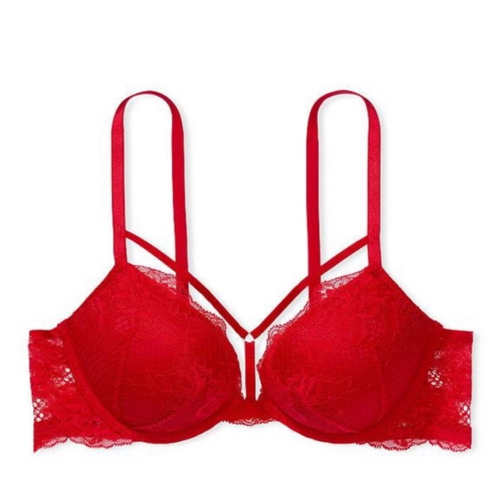 Victoria’s Secret Bombshell Plunge Lace Bra Size 36D Red Strappy Push-up Bra
